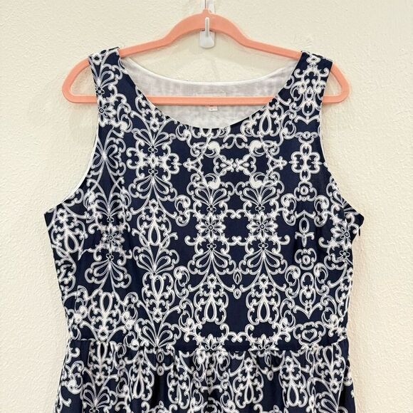 Garnet Hill Sleeveless Cotton Print Dress Navy/White Women’s Size 14 Zipper - Picture 2 of 9